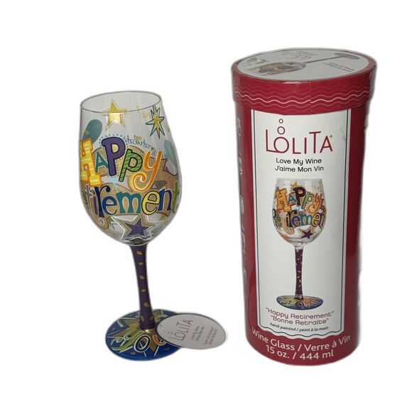 Lolita Hand Painted Wine Glass 15 oz Happy Retirement with Original Box - Picture 1 of 10